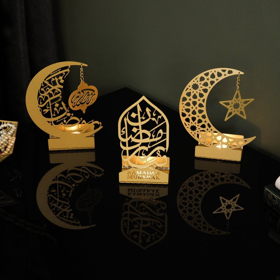 Ramadan Mubarak Set of 3 Golden Metal Candle/Dates Holder