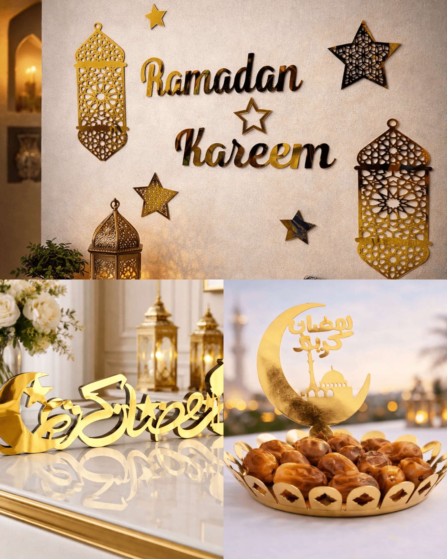 Ramadan Bundle 2: Metal Tray, Ramadan Kareem Table toper, Ramadan Kareem Acrylic Wall Scenery
