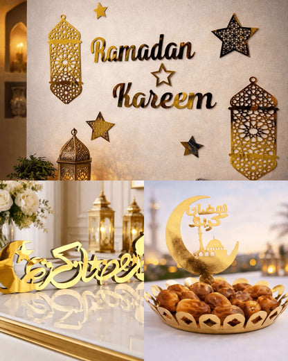 Ramadan Bundle 2: Metal Tray, Ramadan Kareem Table toper, Ramadan Kareem Acrylic Wall Scenery