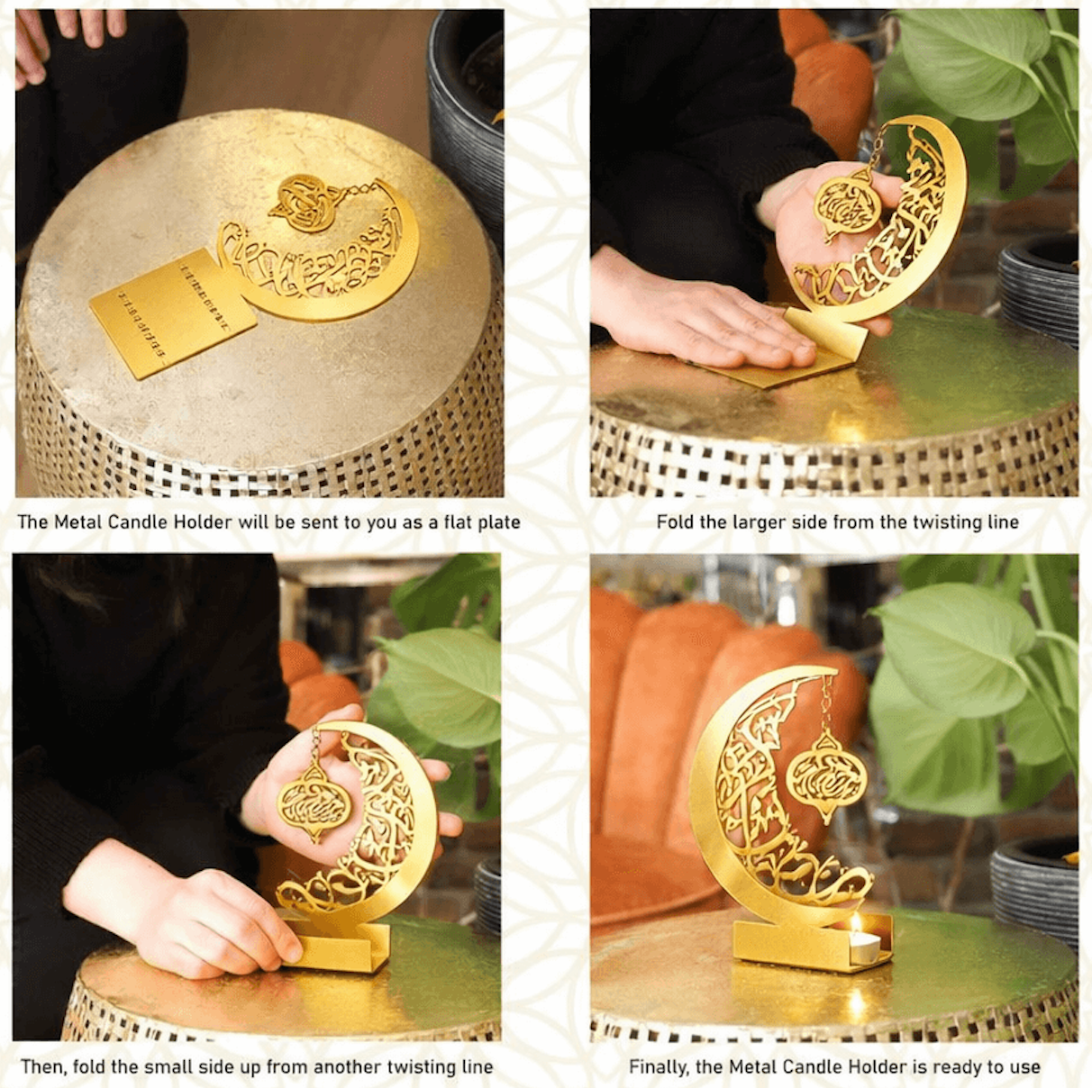 Ramadan Mubarak Set of 3 Golden Metal Candle/Dates Holder