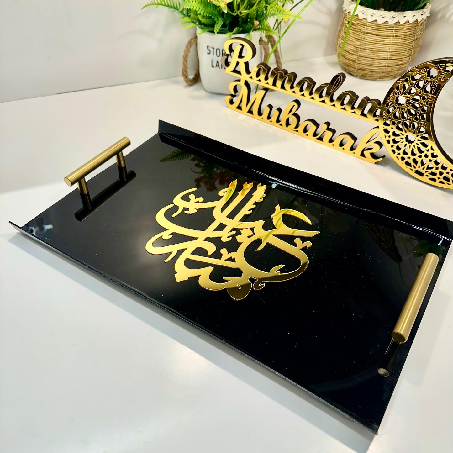 Eid Mubarak Tray With Golden Handles Black and Gold-GTD01