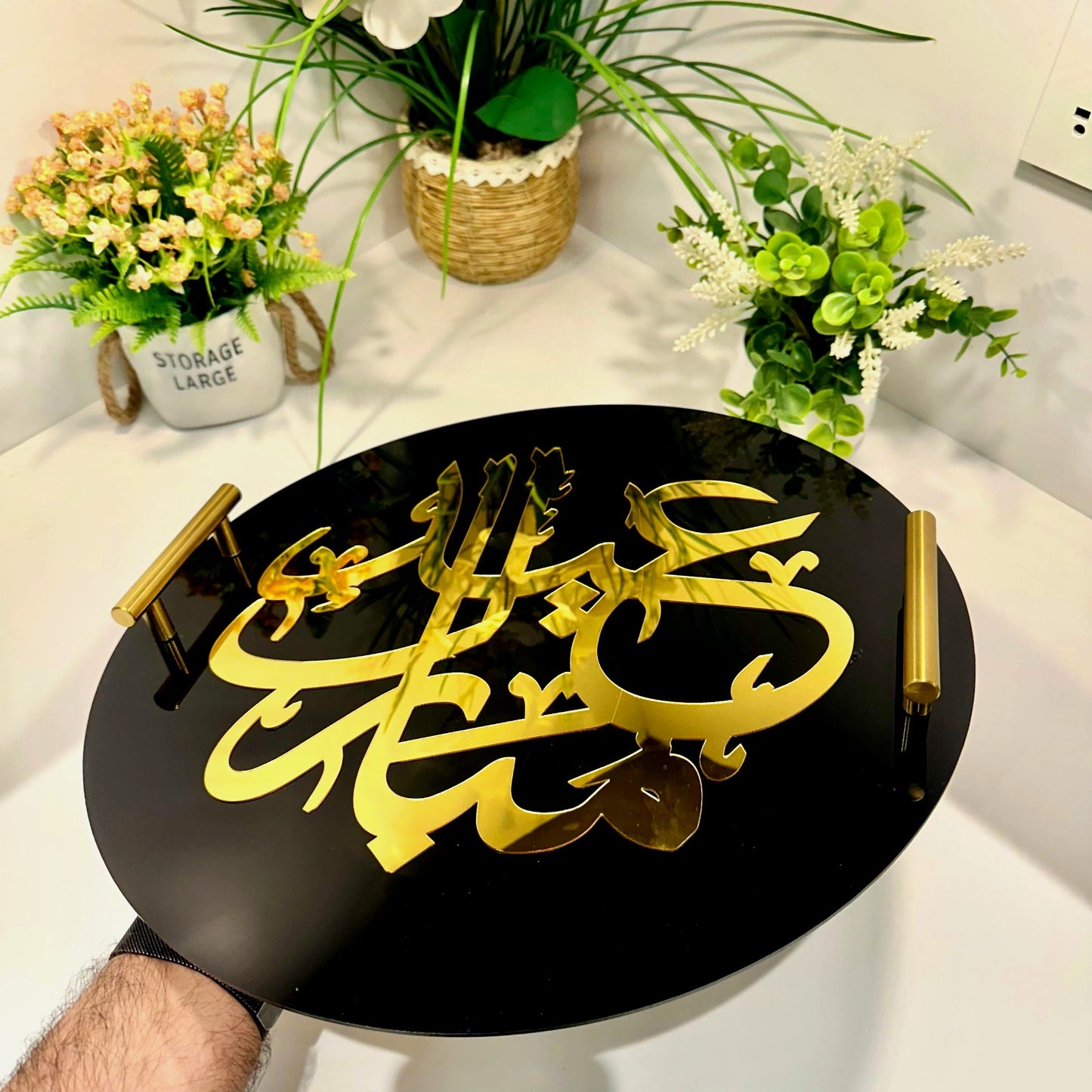 Round Eid Mubarak Tray With Golden Handles Black and Gold-RGD01