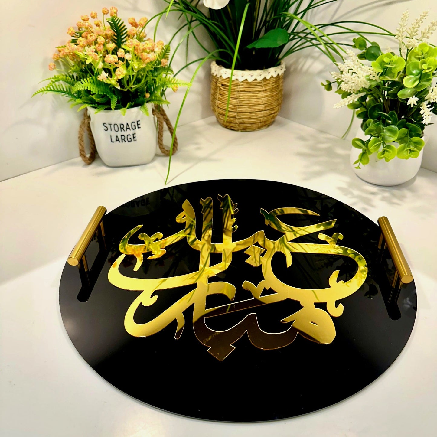 Round Eid Mubarak Tray With Golden Handles Black and Gold-RGD01